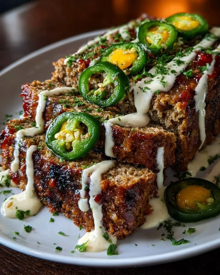 Smoky jalapeño popper meatloaf with creamy ranch drizzle on a plate