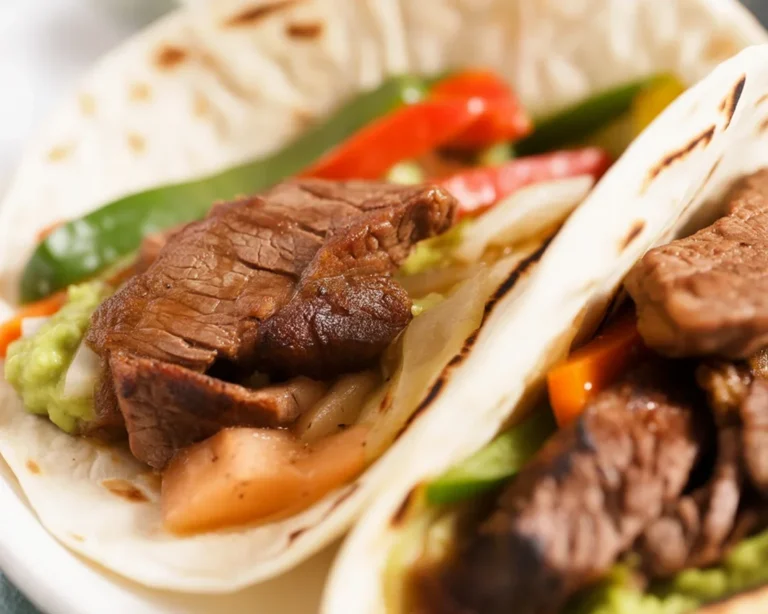 Delicious steak fajitas served with marinated beef, peppers, and onions in warm tortillas.