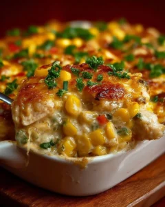 Delicious Street Corn Chicken Casserole topped with cheese and fresh cilantro