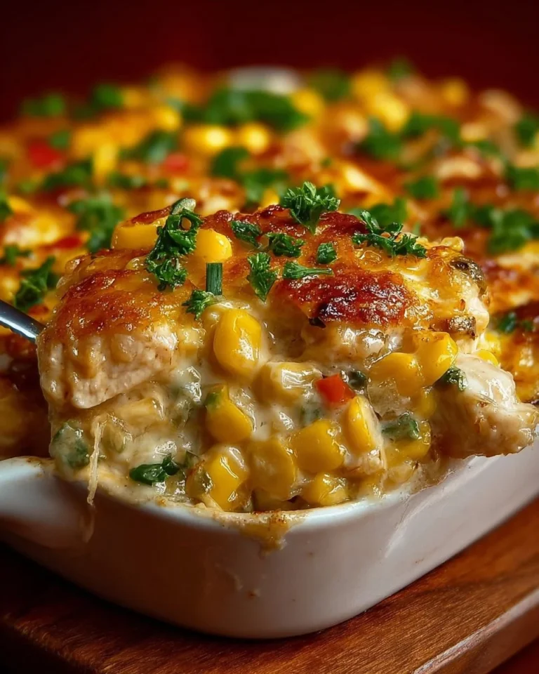 Delicious Street Corn Chicken Casserole topped with cheese and fresh cilantro