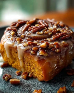 Sweet Potato Honey Bun Cake topped with pecans, showcasing a delicious dessert.