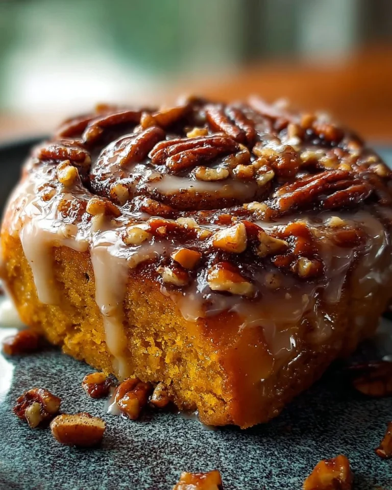 Sweet Potato Honey Bun Cake topped with pecans, showcasing a delicious dessert.