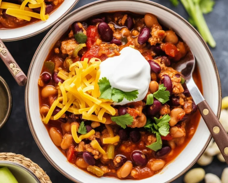 Hearty turkey chili prepared in a crockpot with beans and spices.