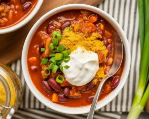 Bowl of hearty vegan chili with mixed beans, vegetables, and spices in a rich tomato broth.