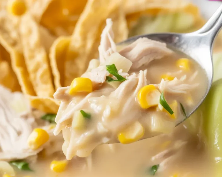 Delicious white chicken chili made in a crockpot with beans, chicken, and spices.