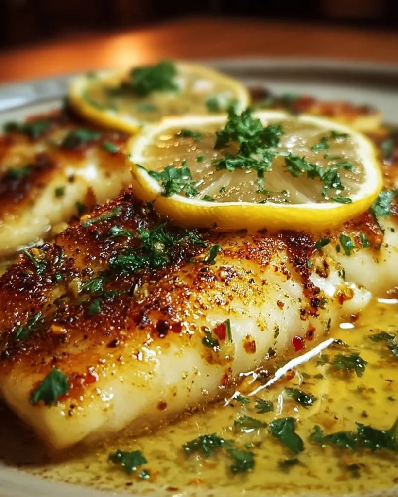 Zesty lemon butter fish fillet served with fresh herbs and lemon slices