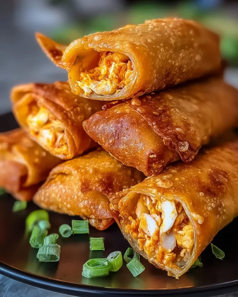Crispy air fryer buffalo chicken egg rolls on a plate.