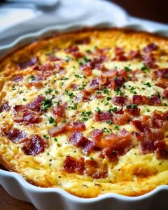 Bacon and cheese crustless quiche on a plate with fresh herbs