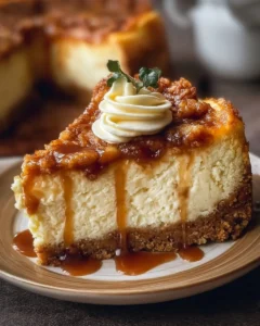 Slice of baked apple cheesecake topped with caramel and apple slices