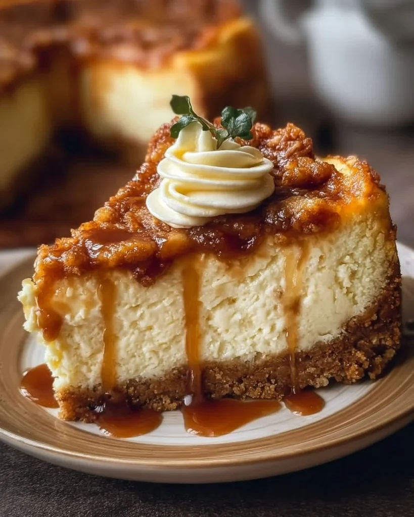Slice of baked apple cheesecake topped with caramel and apple slices