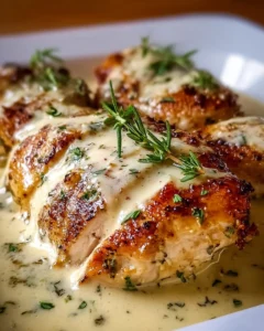 Baked Caesar Chicken with creamy Parmesan sauce served on a plate