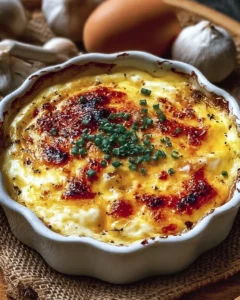 Baked cottage cheese eggs dish served in a baking dish with herbs