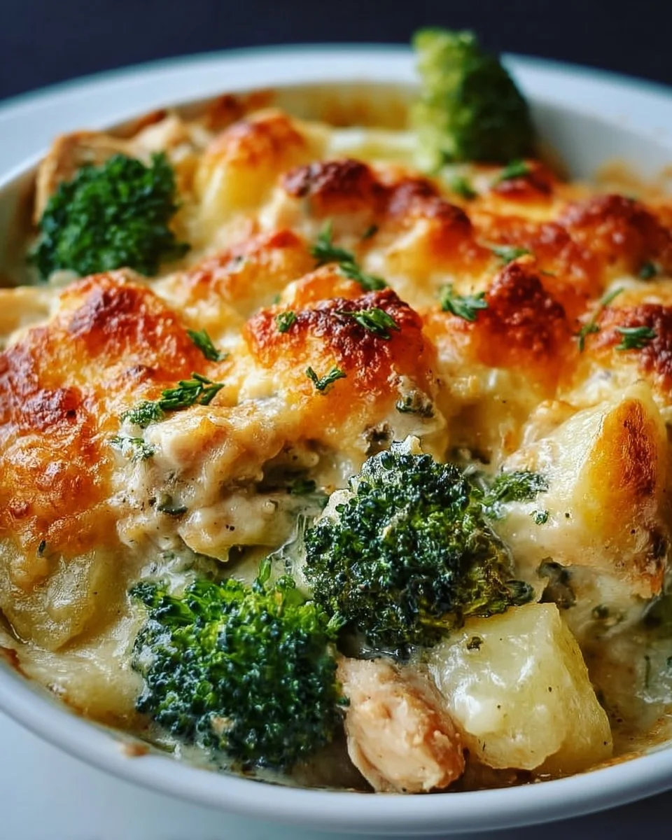 Delicious Baked Potato Chicken and Broccoli Casserole served in a dish