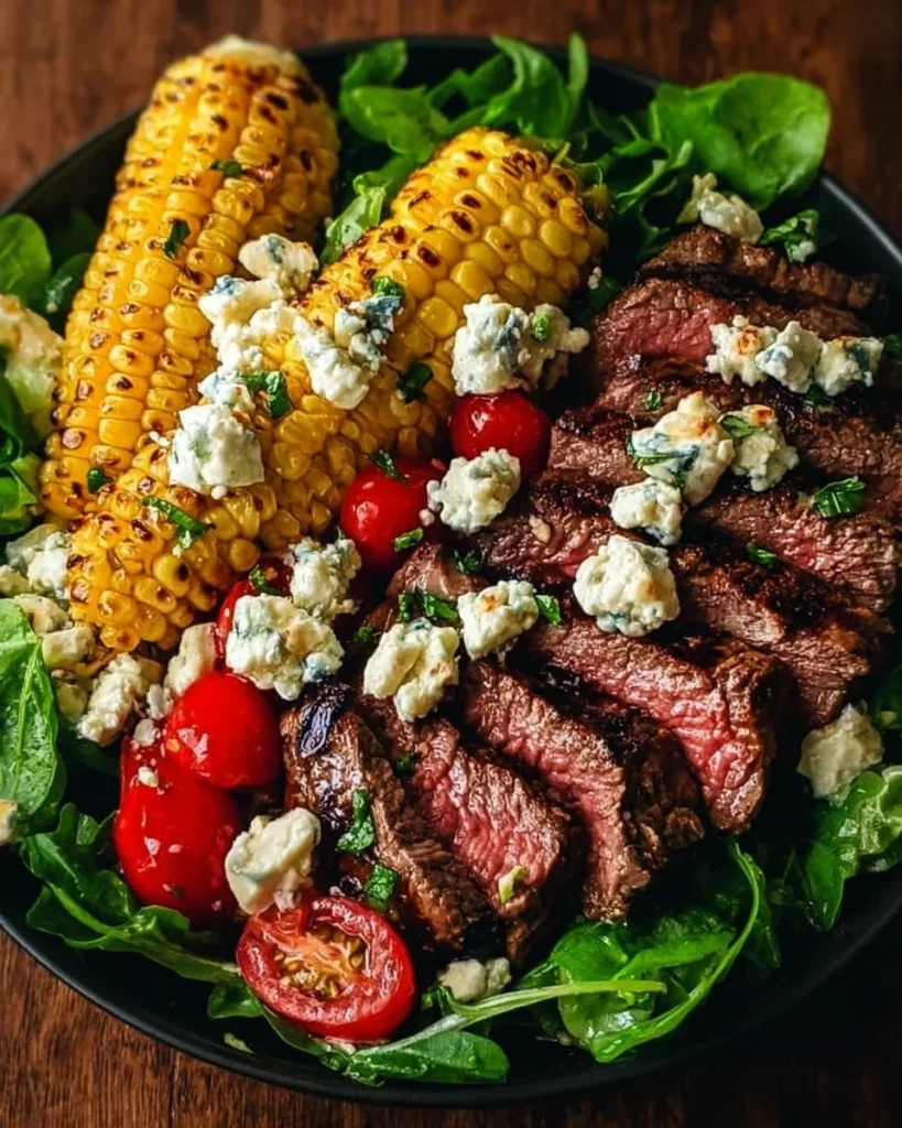 Balsamic Steak Gorgonzola Salad with grilled corn, fresh greens, and tomatoes