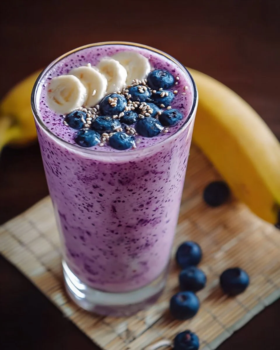 Delicious Banana-Blueberry Smoothie in a glass with fresh fruits