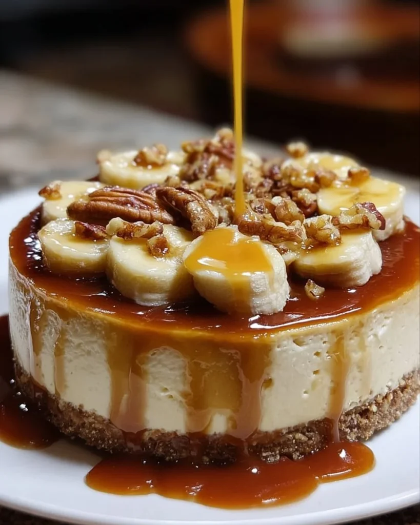 Delicious Banana Caramel Nut Cheesecake topped with nuts and caramel drizzle.