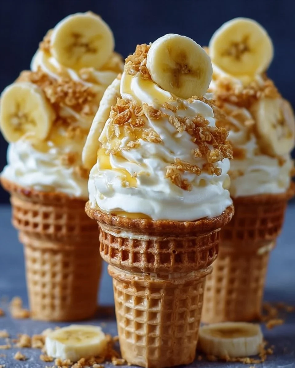 Banana Pudding Cheesecake Cones topped with cookies and whipped cream