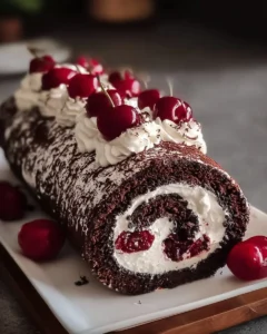 Delicious Black Forest Cream Roll Cake topped with cherries and cream.