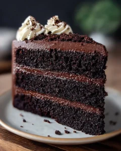 Delicious slice of Black Velvet Cake with creamy frosting on a plate.