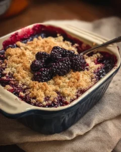 Delicious homemade blackberry crumble topped with golden, buttery crumbles