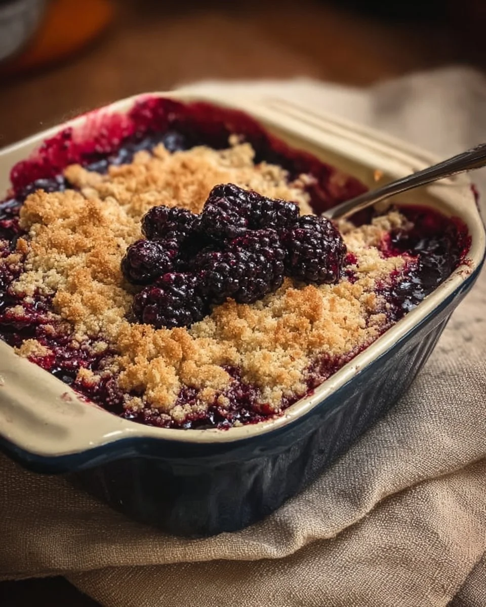 Delicious homemade blackberry crumble topped with golden, buttery crumbles