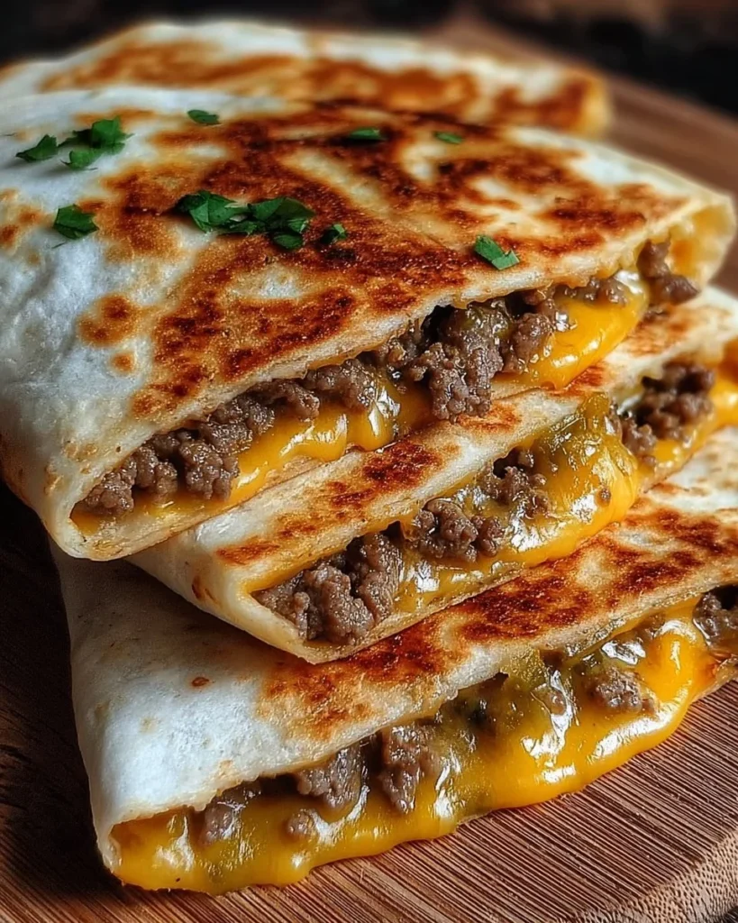 Delicious Blackstone cheeseburger quesadilla served on a plate with toppings