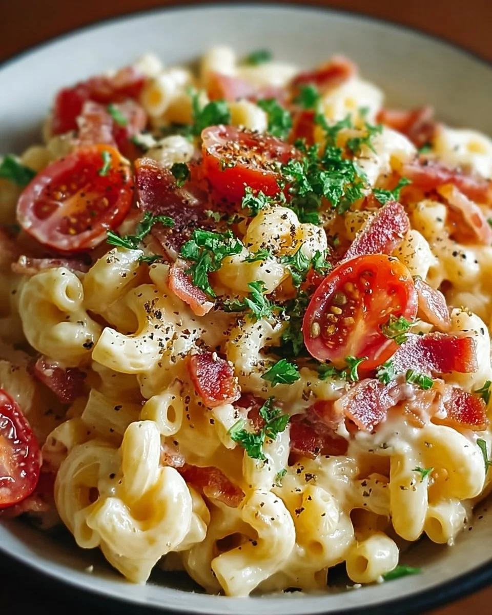 BLT Macaroni Salad with bacon, lettuce, and tomato in a creamy dressing