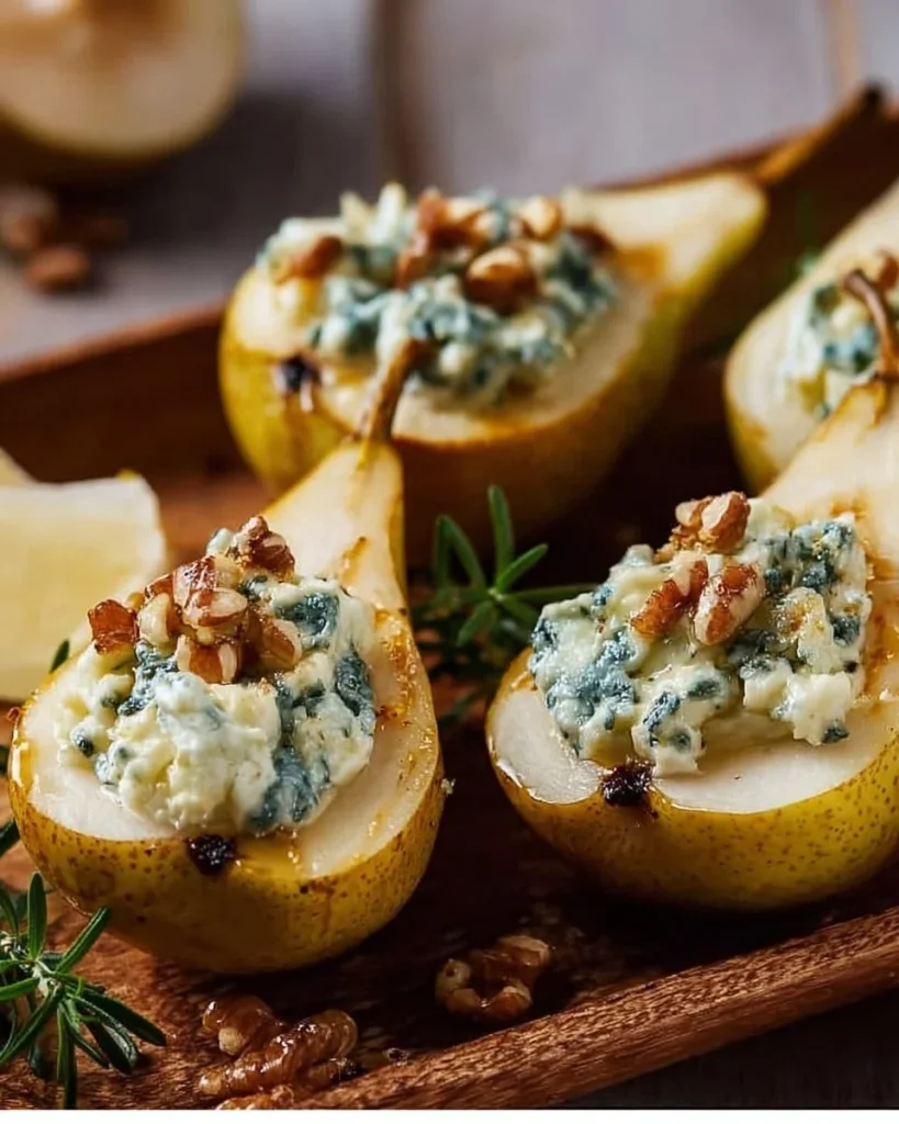 Delicious blue cheese stuffed pears served on a white plate.