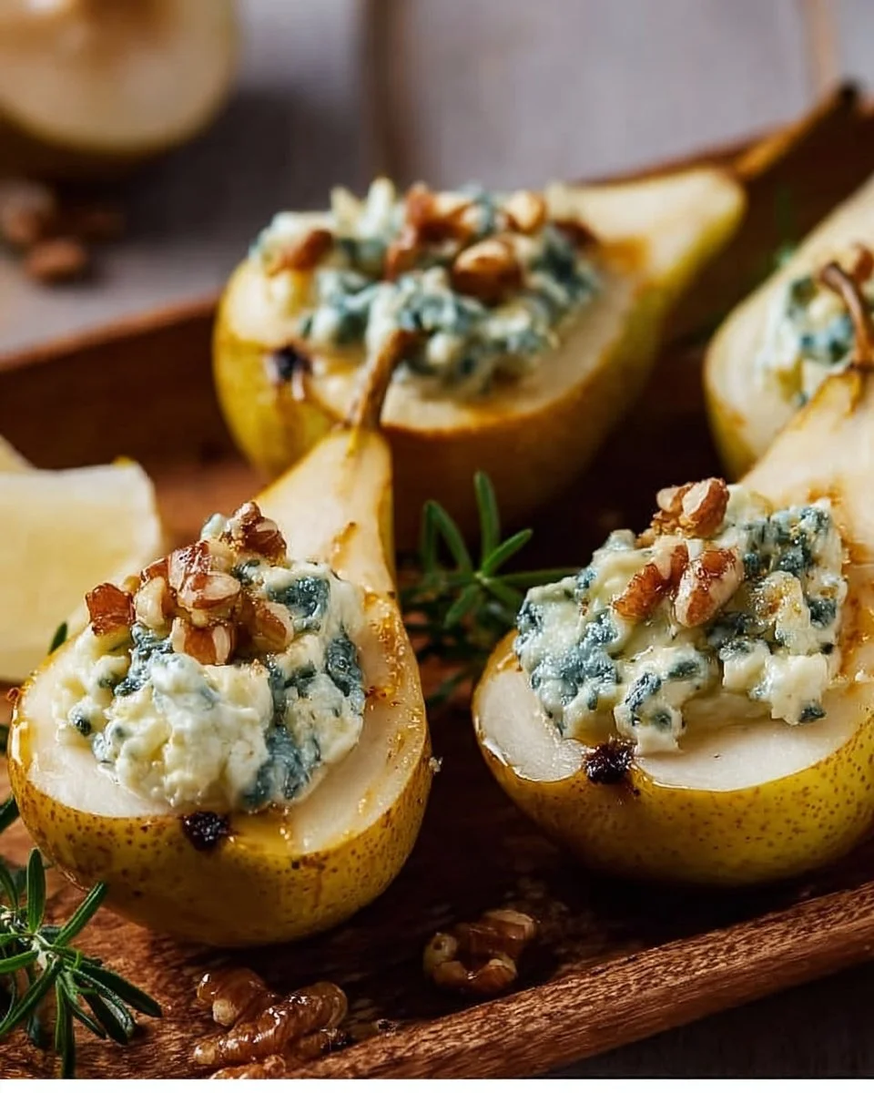 Delicious blue cheese stuffed pears served on a white plate.