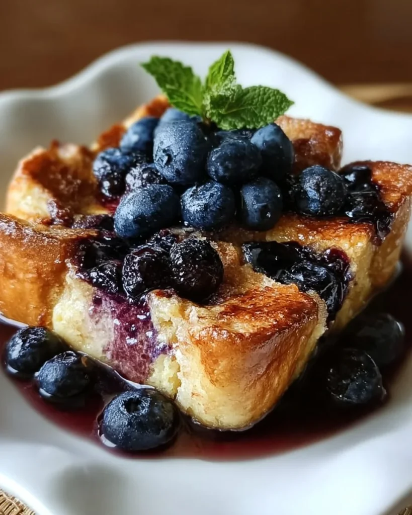 Delicious Blueberry Cream Cheese French Toast Casserole served on a plate