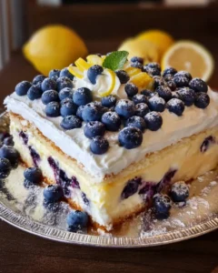 Delicious blueberry lemon cream cake topped with fresh blueberries