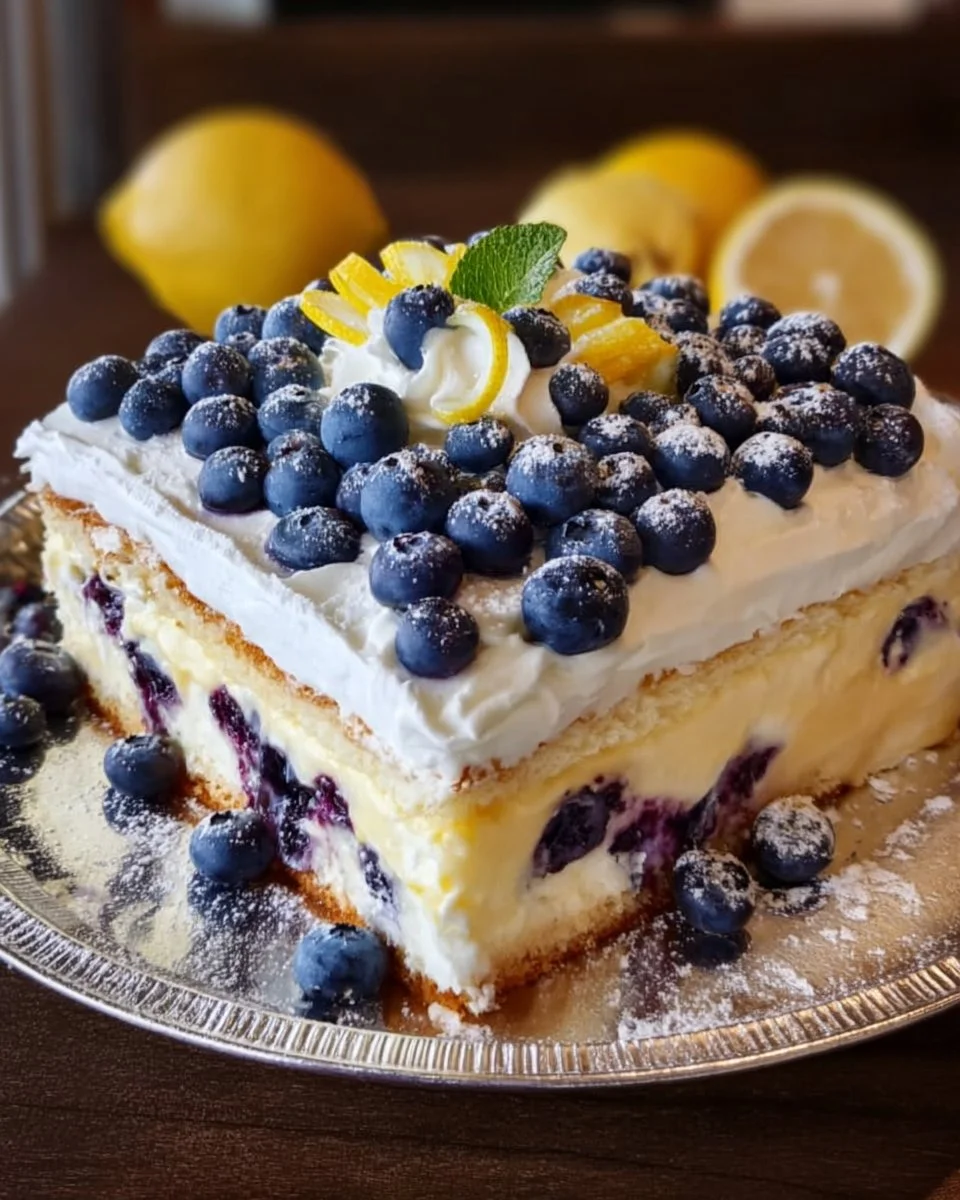 Delicious blueberry lemon cream cake topped with fresh blueberries