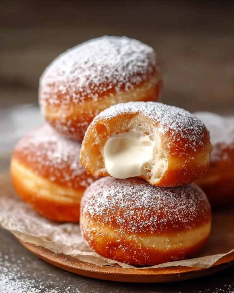Delicious Bombolini Italian doughnuts filled with cream and sprinkled with sugar