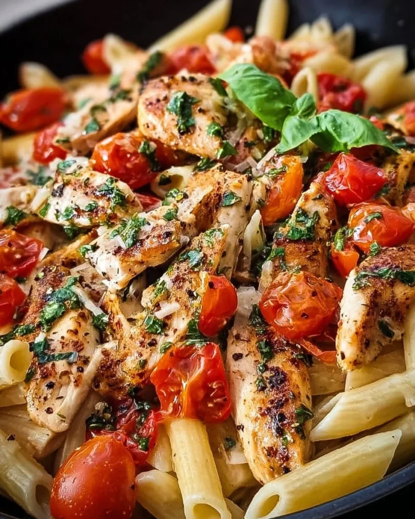 Plate of Bruschetta Chicken Pasta garnished with fresh basil and tomatoes