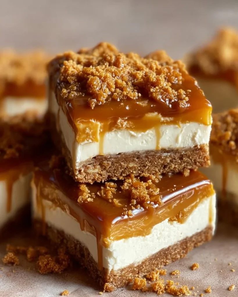 Delicious Butterfinger Caramel Cheesecake Bars with rich caramel topping
