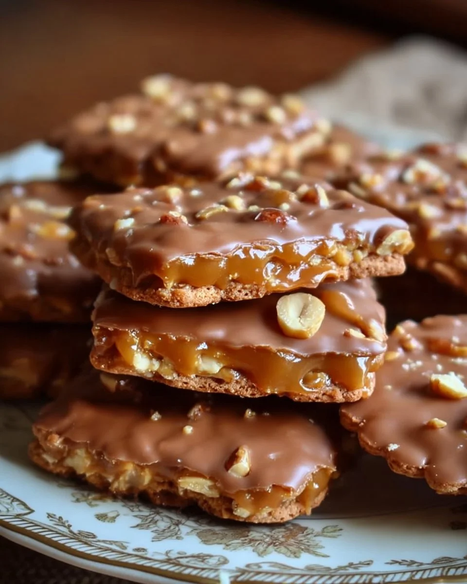 Caramel peanut Ritz cracker treats on a plate, a sweet and salty snack.