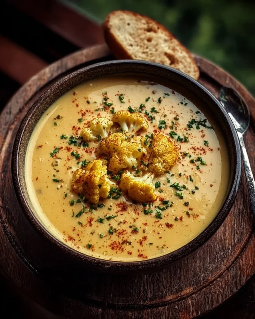 Bowl of creamy cheddar cauliflower and roasted garlic soup with herbs