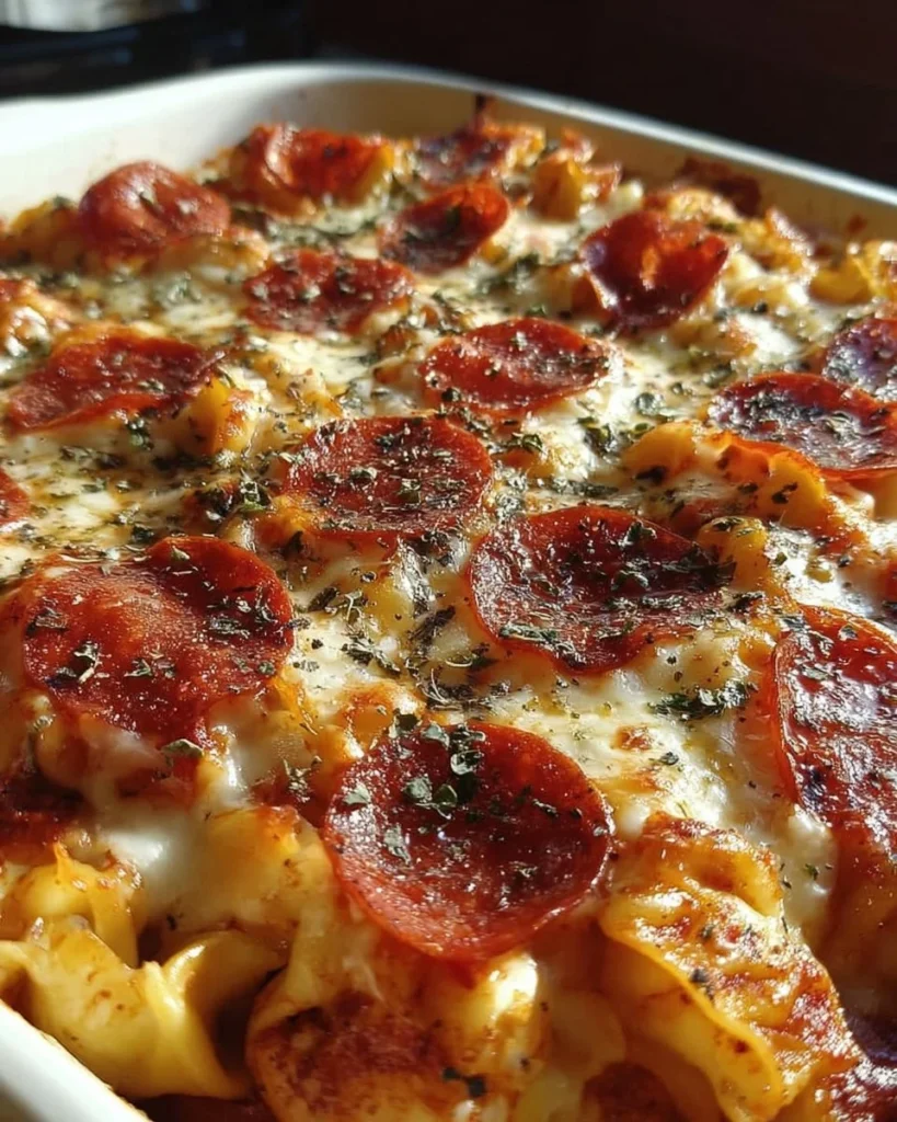 Cheese Tortellini Pepperoni Pizza Casserole served in a baking dish
