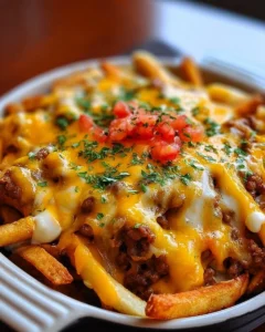 Cheeseburger French Fry Casserole in a baking dish, topped with melted cheese and fries.