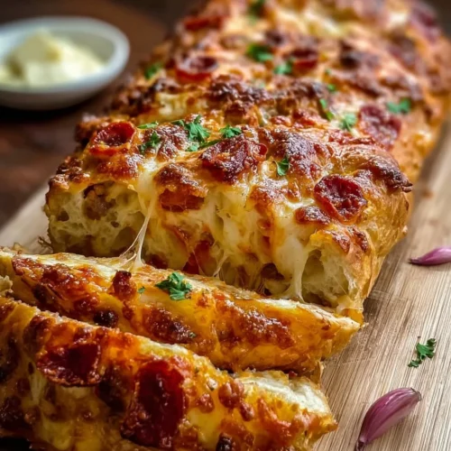 Cheesy Garbage Bread Delight with melted cheese and flavorful toppings