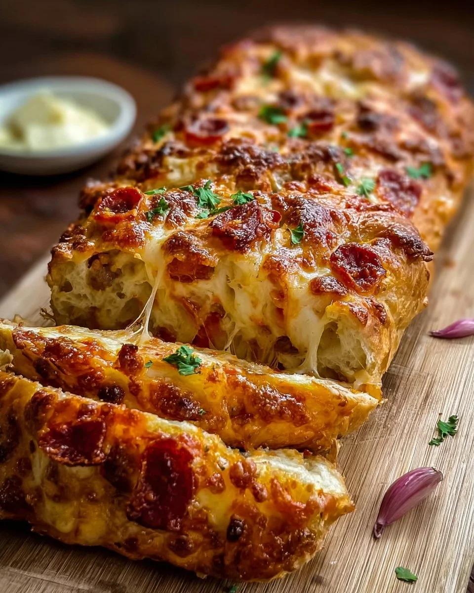 Cheesy Garbage Bread Delight with melted cheese and flavorful toppings