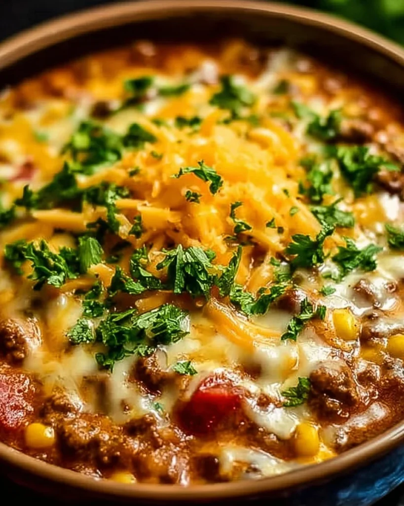 Cheesy Ground Beef Enchilada Chili with toppings in a bowl