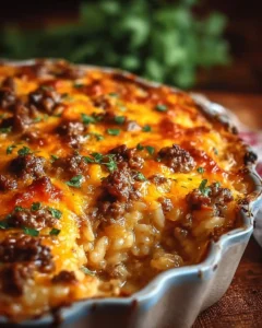 Cheesy ground beef and rice casserole baked to perfection