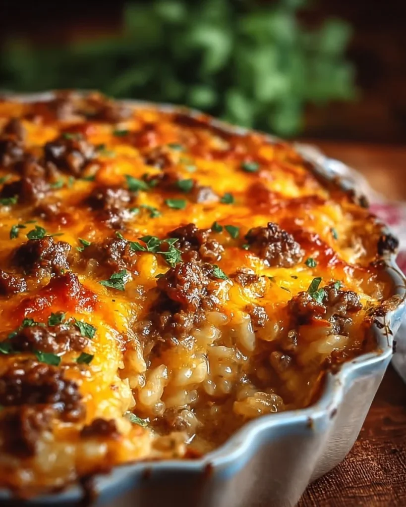 Cheesy ground beef and rice casserole baked to perfection