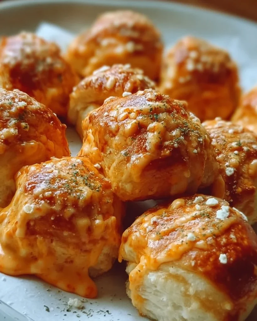 Cheesy Ranch Buffalo Chicken Pretzel Bites on a serving platter