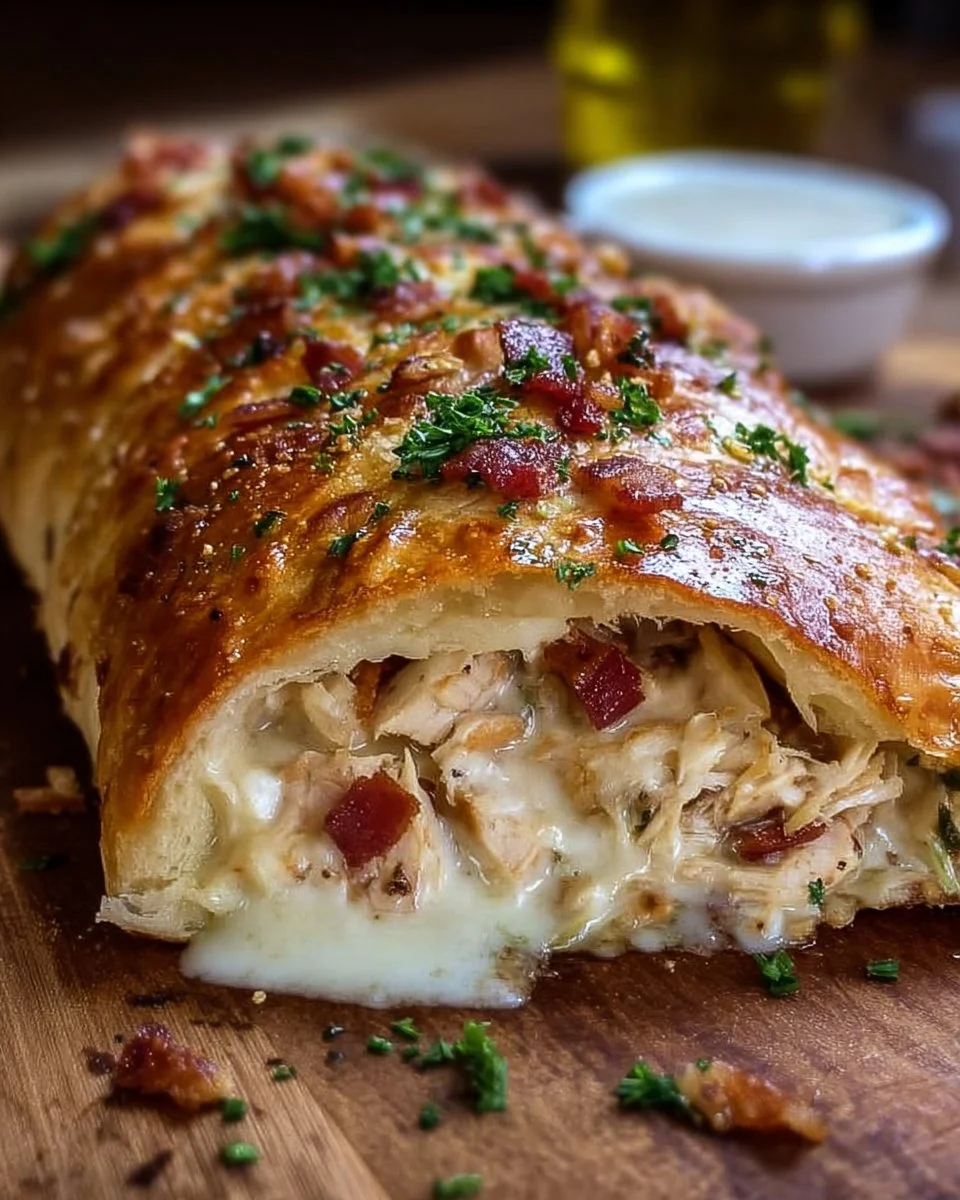 Delicious Chicken Bacon Ranch Stromboli with crispy bacon and flavorful chicken.