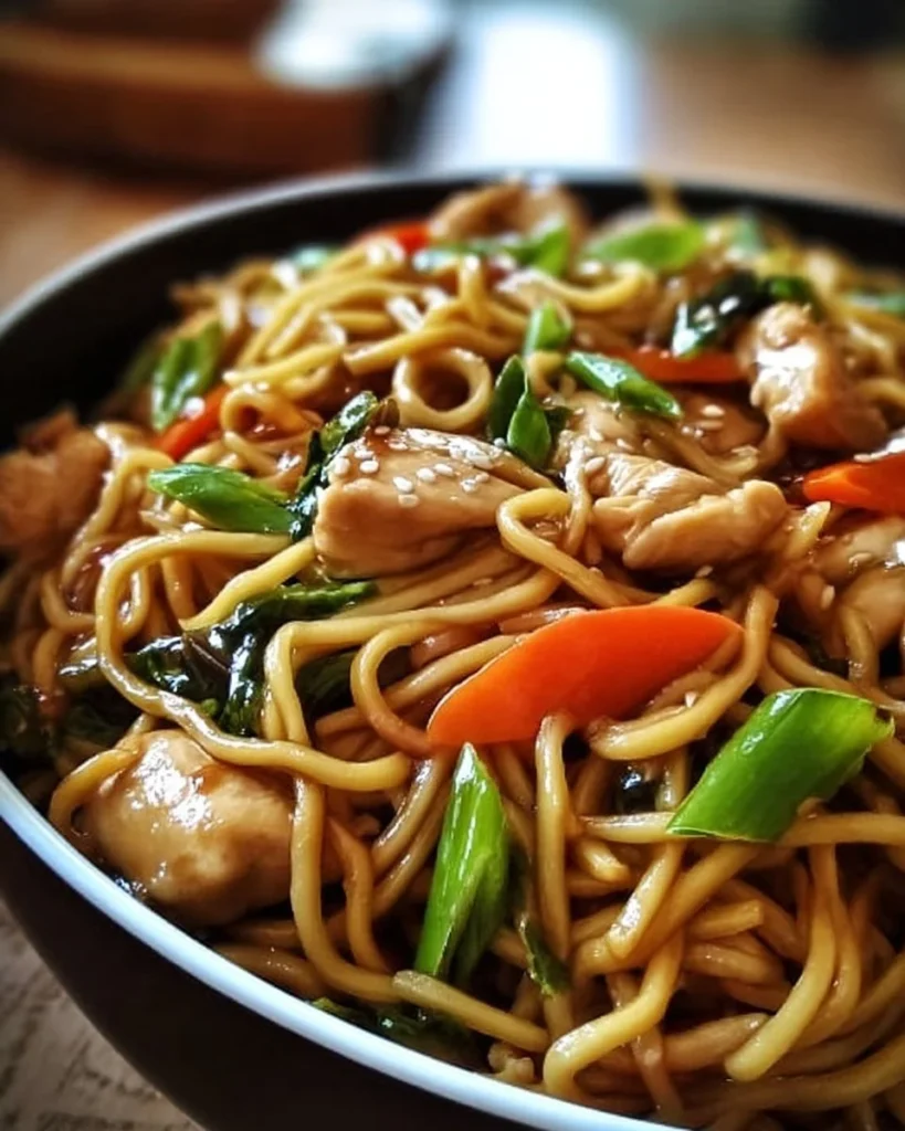 Bowl of Chicken Lo Mein with vegetables and tender chicken noodles