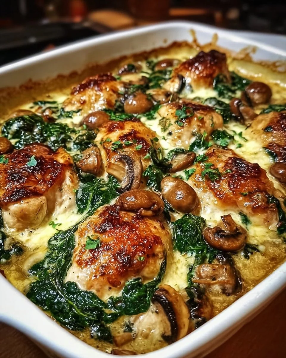 Low-carb oven dish featuring chicken, spinach, and mushrooms baked to perfection