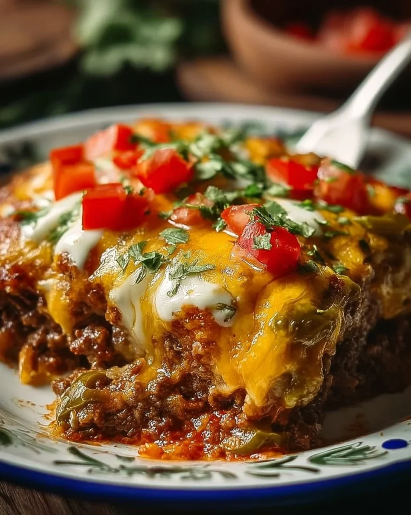 Chili stuffed casserole topped with cheese and herbs in a baking dish