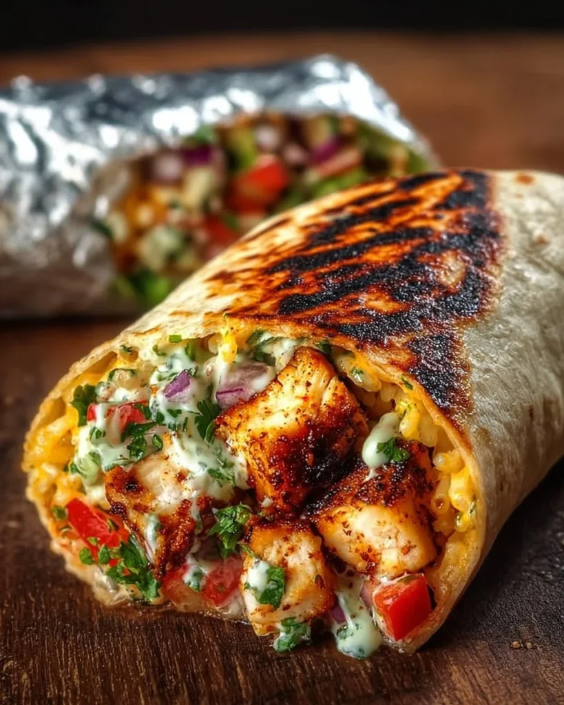 Chipotle Ranch Grilled Chicken Burrito with fresh toppings and sauces